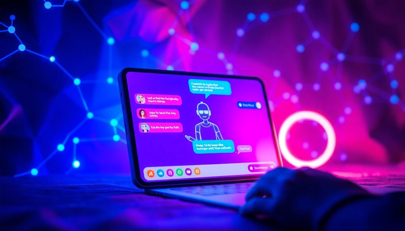 A modern AI chatbot interface on a digital screen with neural network graphics and conversation bubbles in neon colors.
