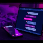 An illustration of a smartphone and desktop displaying a suggestive AI chat conversation in a cozy, dimly lit environment with neon accents.
