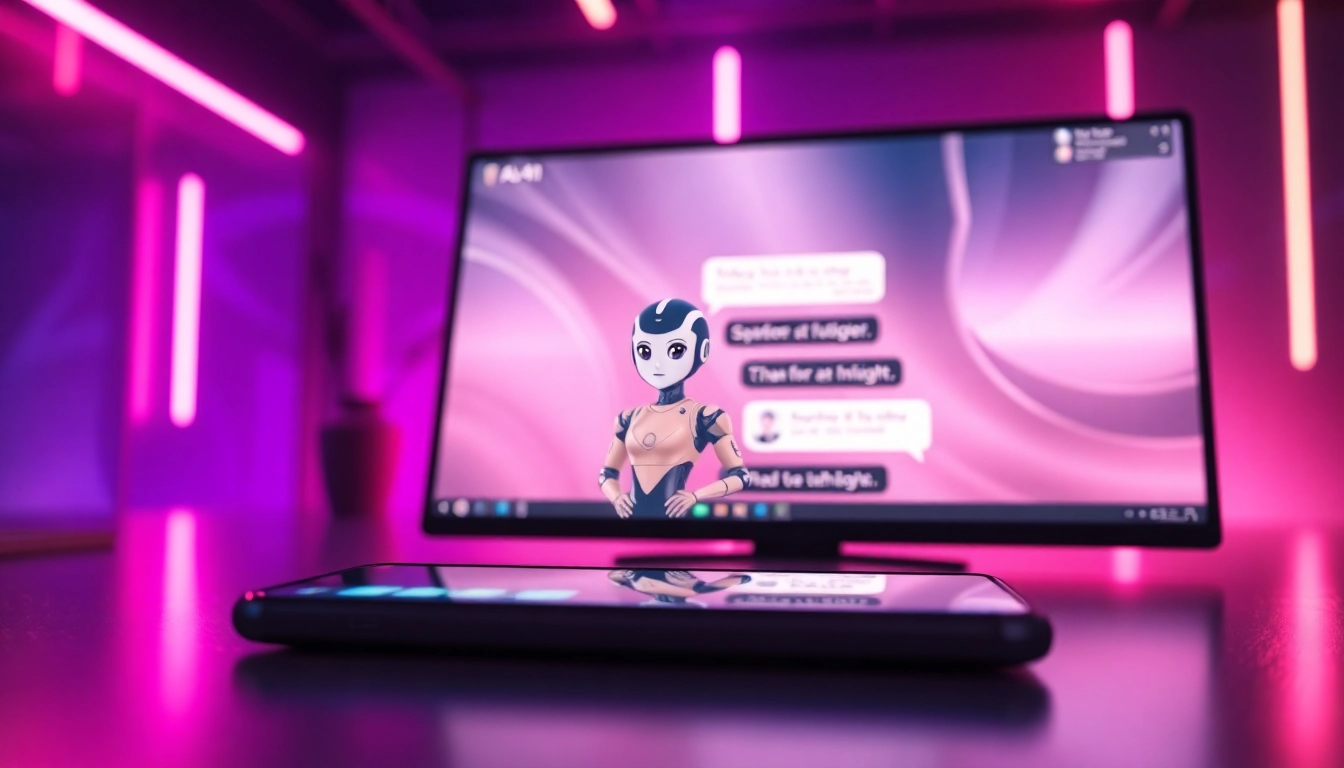 An illustration of a high-tech chat interface on devices with an attractive AI character, glowing neon environment, and digital conversation elements.