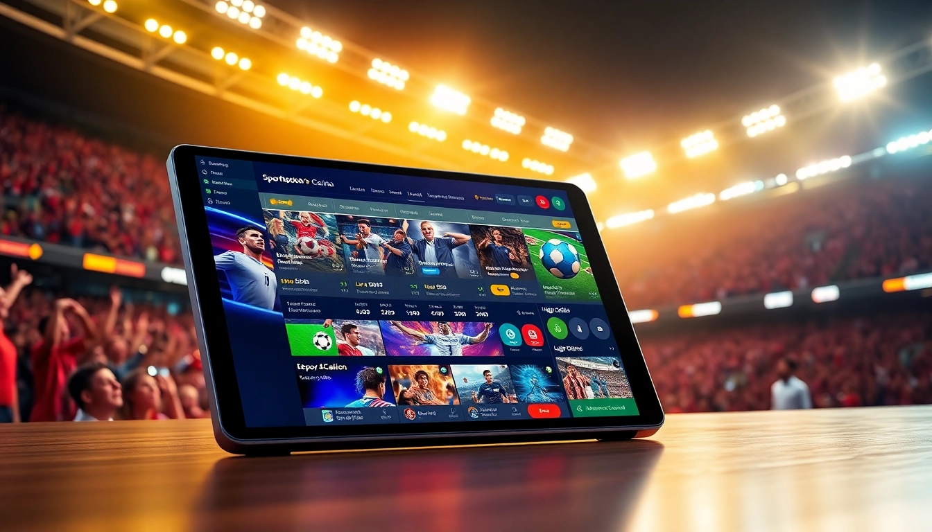 Digital sportsbook platform with sports and betting graphics in a lively stadium setting