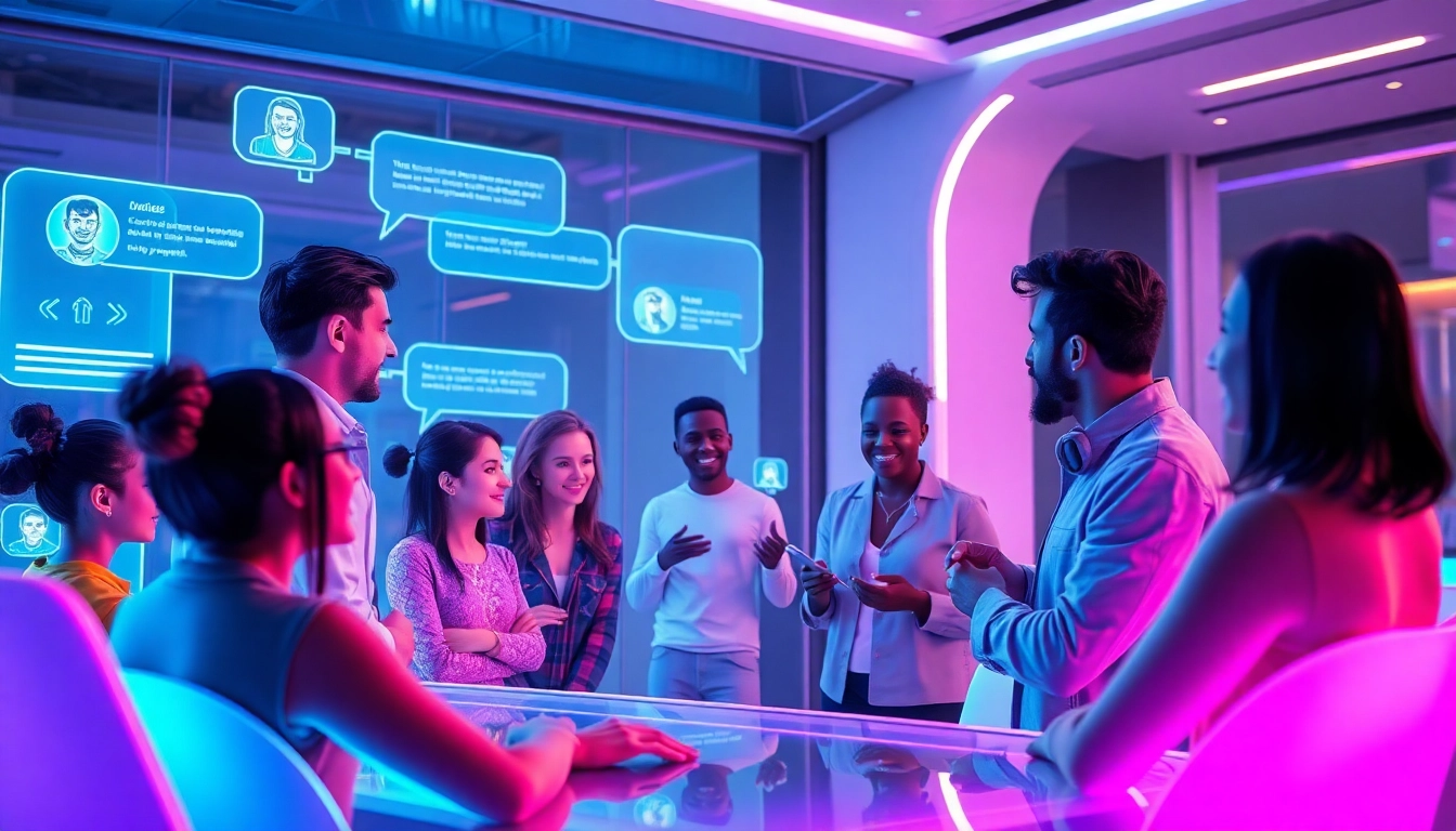 Futuristic digital chat scene with diverse AI characters engaging in conversation with holographic displays.