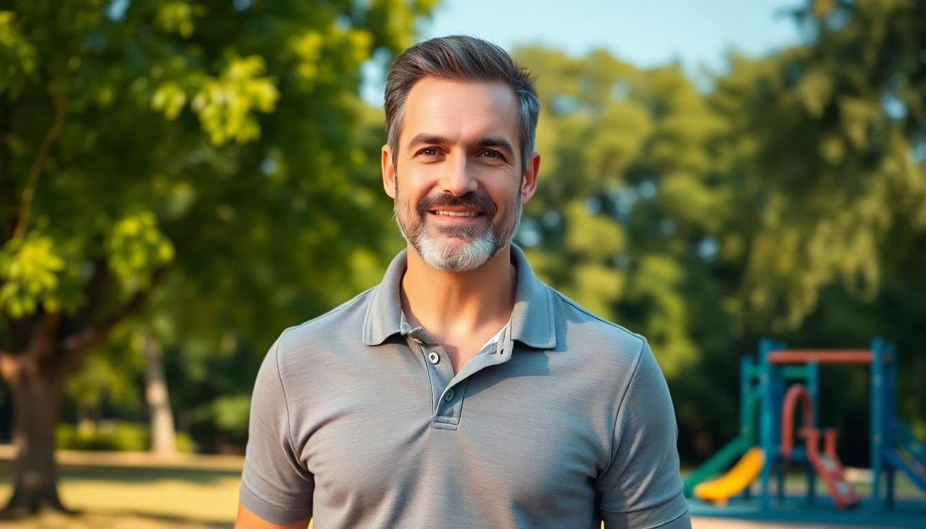 A charismatic mature man standing outdoors in a park with greenery and blue sky.