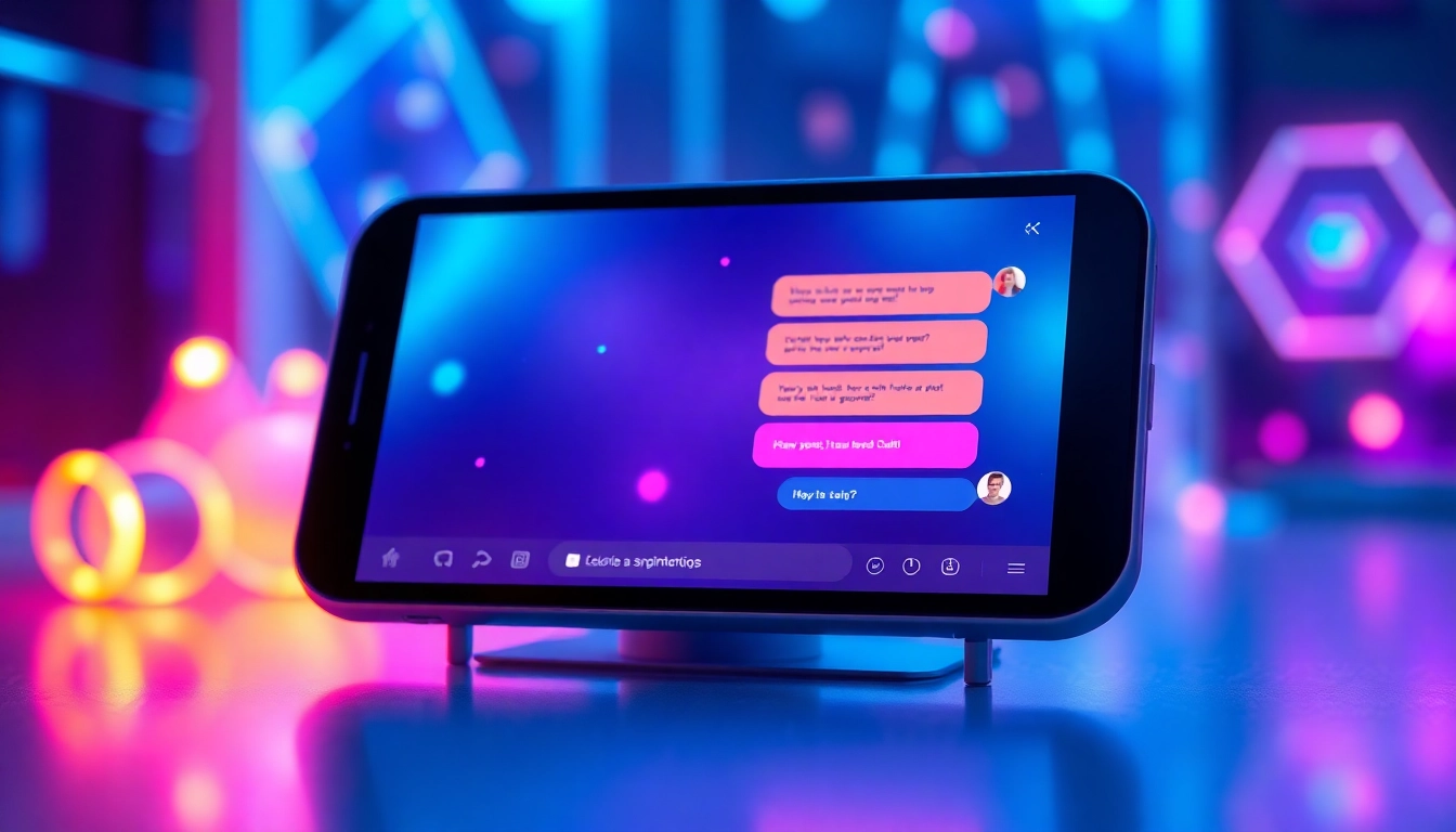 Futuristic AI chatbot interface on a modern device with holographic elements and colorful chat bubbles.