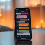 Smartphone displaying an adult-themed chatbot conversation with colorful speech bubbles in a cozy, dimly lit room.