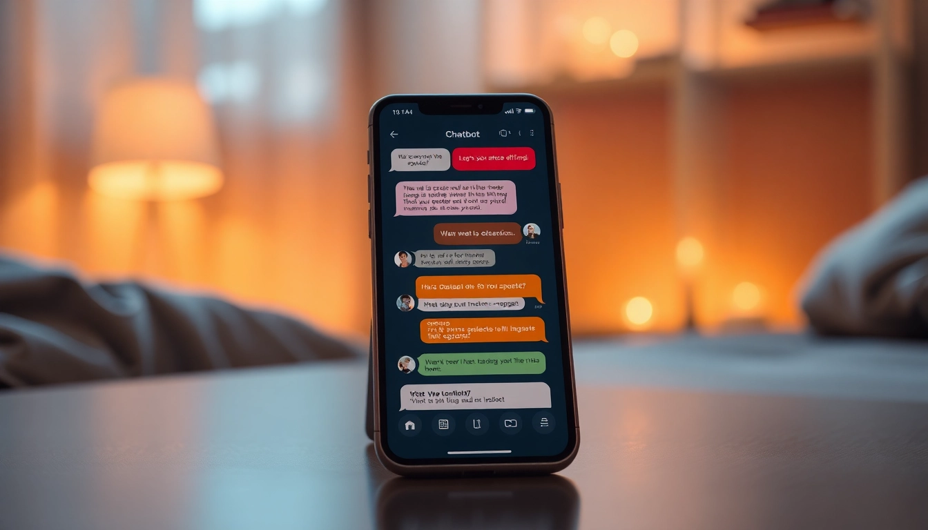 Smartphone displaying an adult-themed chatbot conversation with colorful speech bubbles in a cozy, dimly lit room.