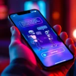 Close-up of a smartphone displaying a vibrant AI chatbot interface with animated characters and glowing neon colors.