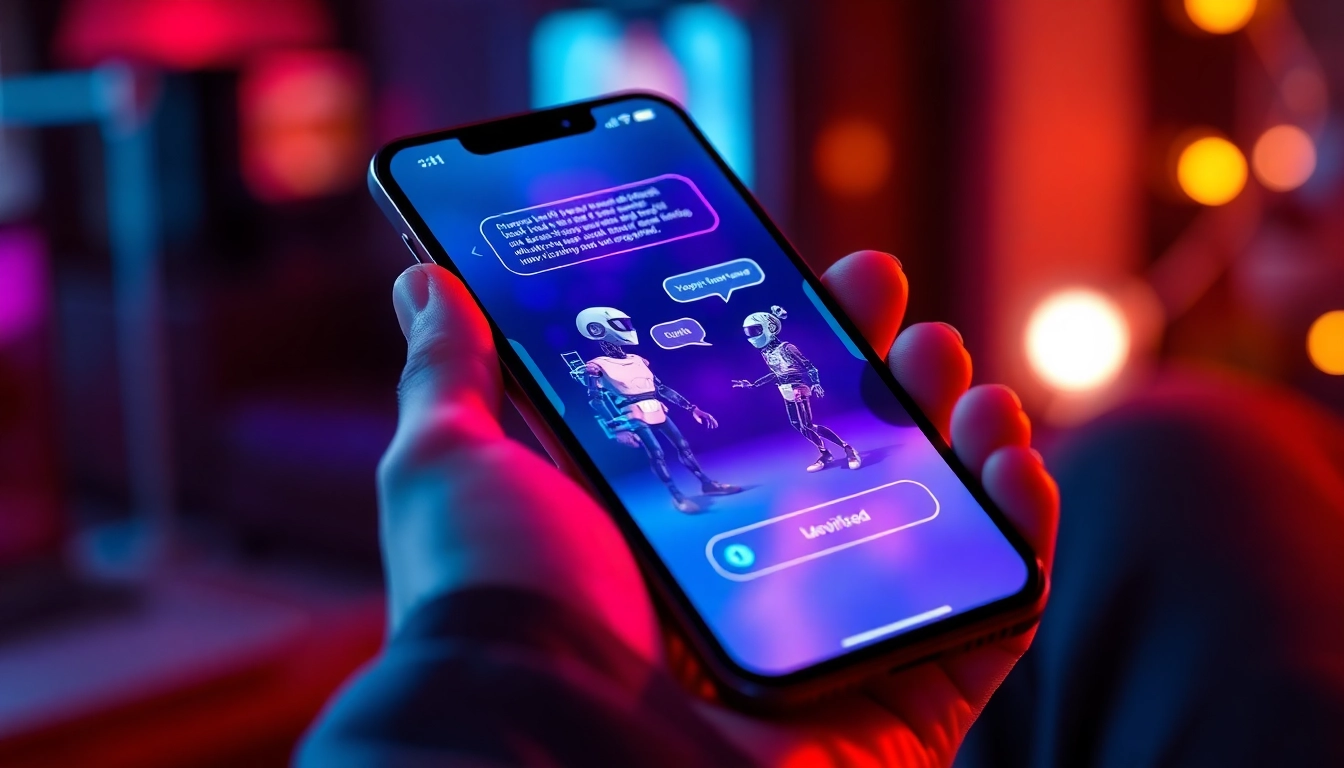 Close-up of a smartphone displaying a vibrant AI chatbot interface with animated characters and glowing neon colors.