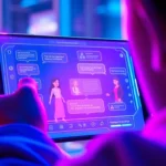 A futuristic digital device screen showing AI chat interface with stylized characters in neon colors.