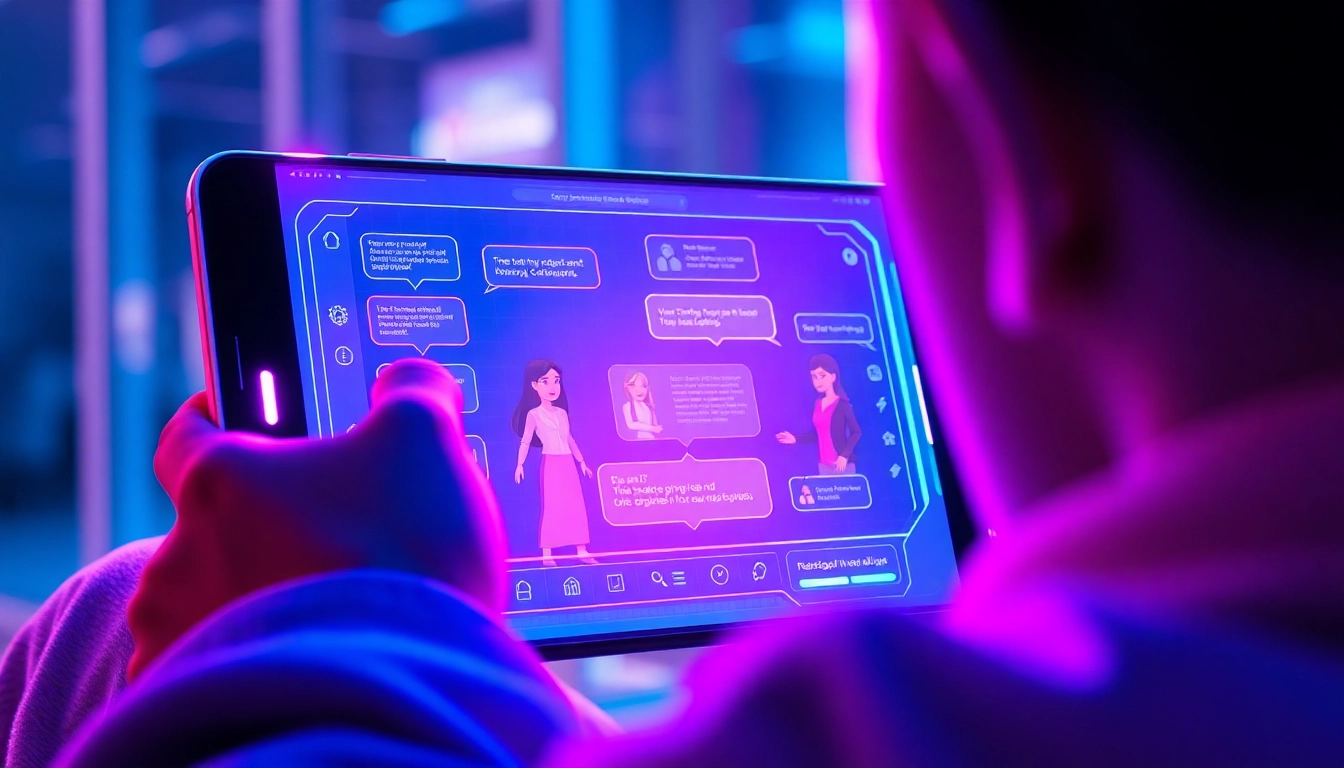 A futuristic digital device screen showing AI chat interface with stylized characters in neon colors.