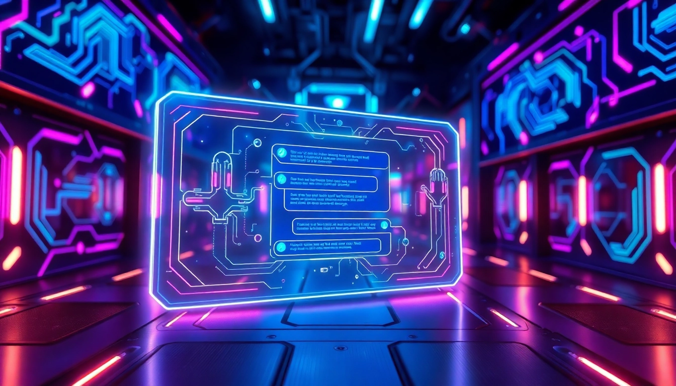 Futuristic AI chat interface with holographic elements in a high-tech environment.